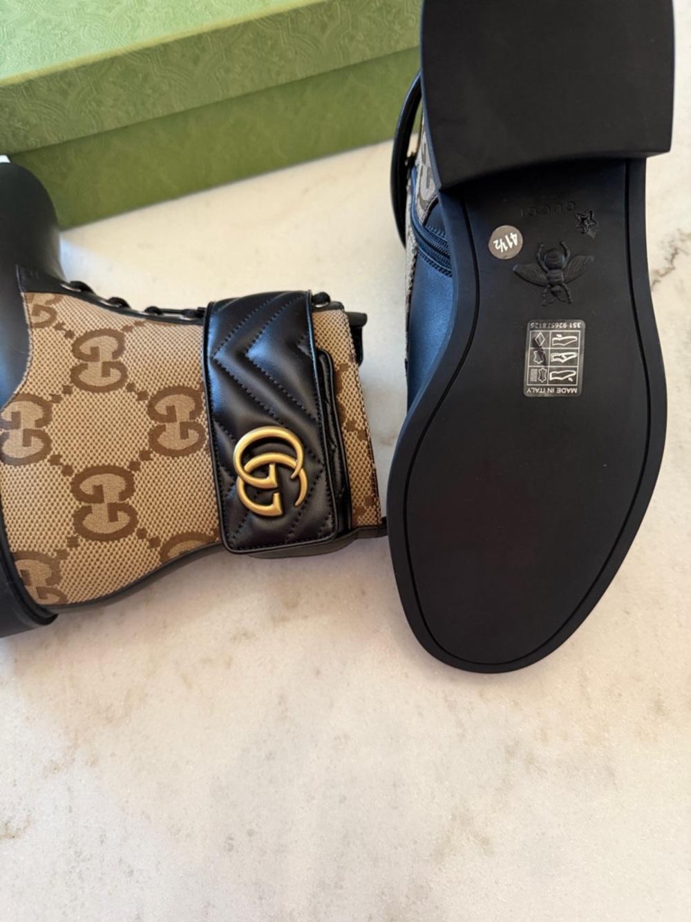 Gucci GG Canvas & Black Leather Ankle Boots with Gold GG Logo.GUCCI Luxury Boots - Picture 10 of 15